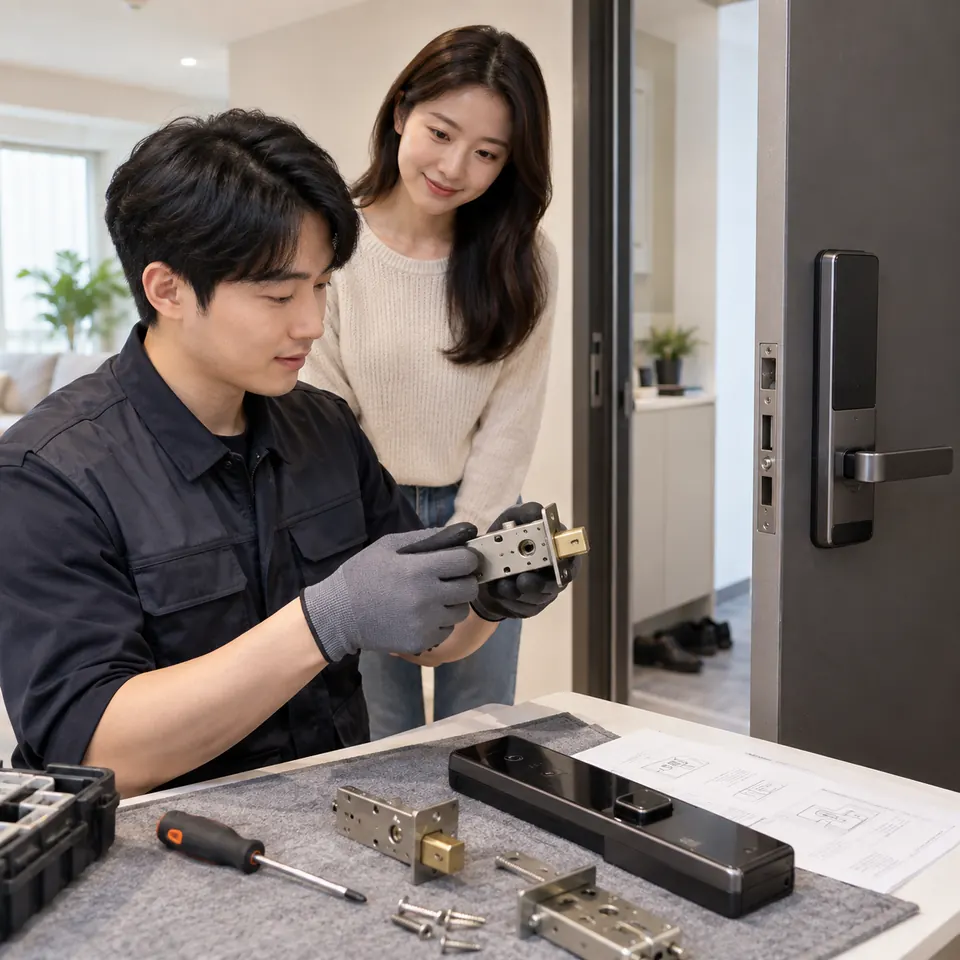 래치·데드볼트 작동 확인 도어락 설치 AI 예시
